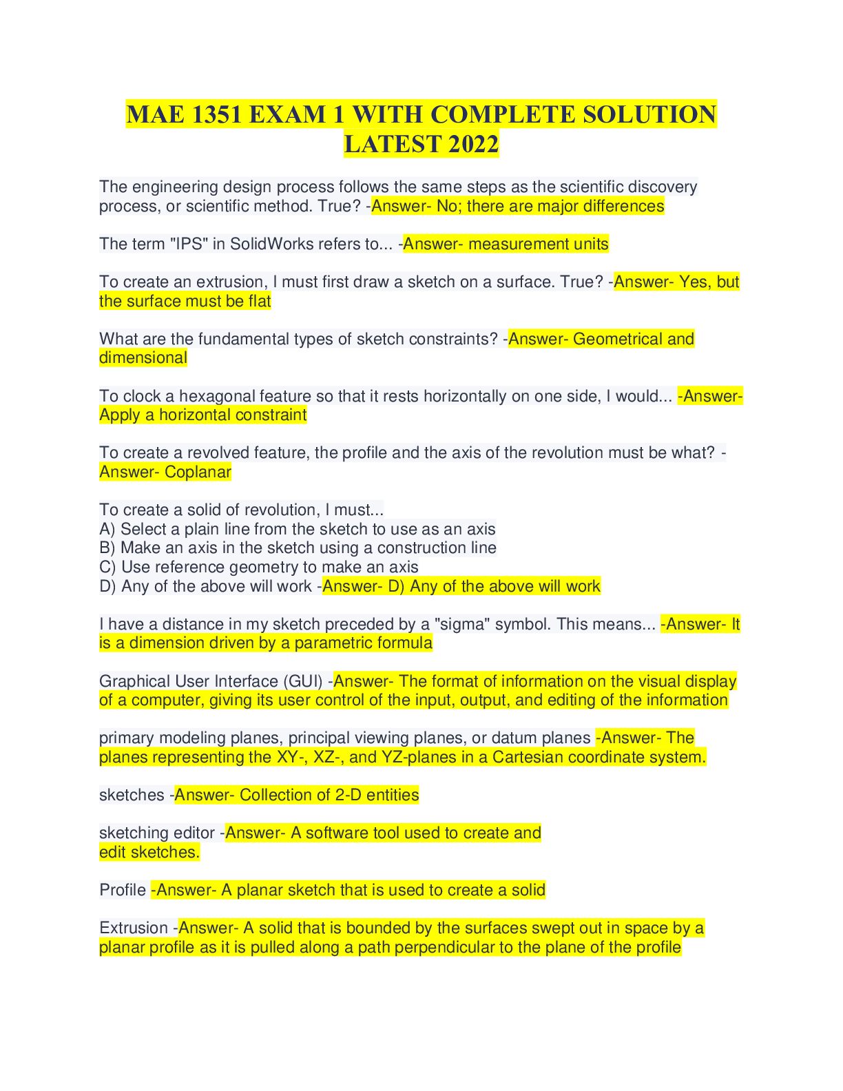 Preview image for MAE 1351 EXAM 1 WITH COMPLETE SOLUTION LATEST 2022